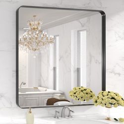 LOAAO 36X36 Inch Black Metal Framed Bathroom Mirror For Wall, Matte Black Bathroom Vanity Mirror Farmhouse, Anti-Rust, Tempered Glass, Hangs Horizonta
