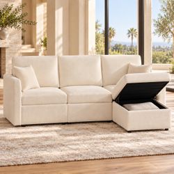 Sarang 4-Piece Modular Cloud Sectional Sofa + Storage Ottoman – Beige Chenille