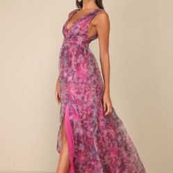 Garden Romance Magenta Floral Print Organza Maxi Dress