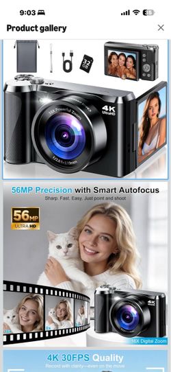 Brand new in box! 4K Digital Camera for Photography & Travel, 56MP Autofocus Point and Shoot Camera with 3'' 180° Flip Screen, 16X Zoom Compact Camera