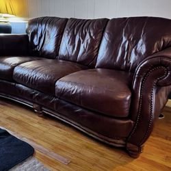 Burgundy Traditional Rolled Arm Leather Sofa With Nailhead Trim