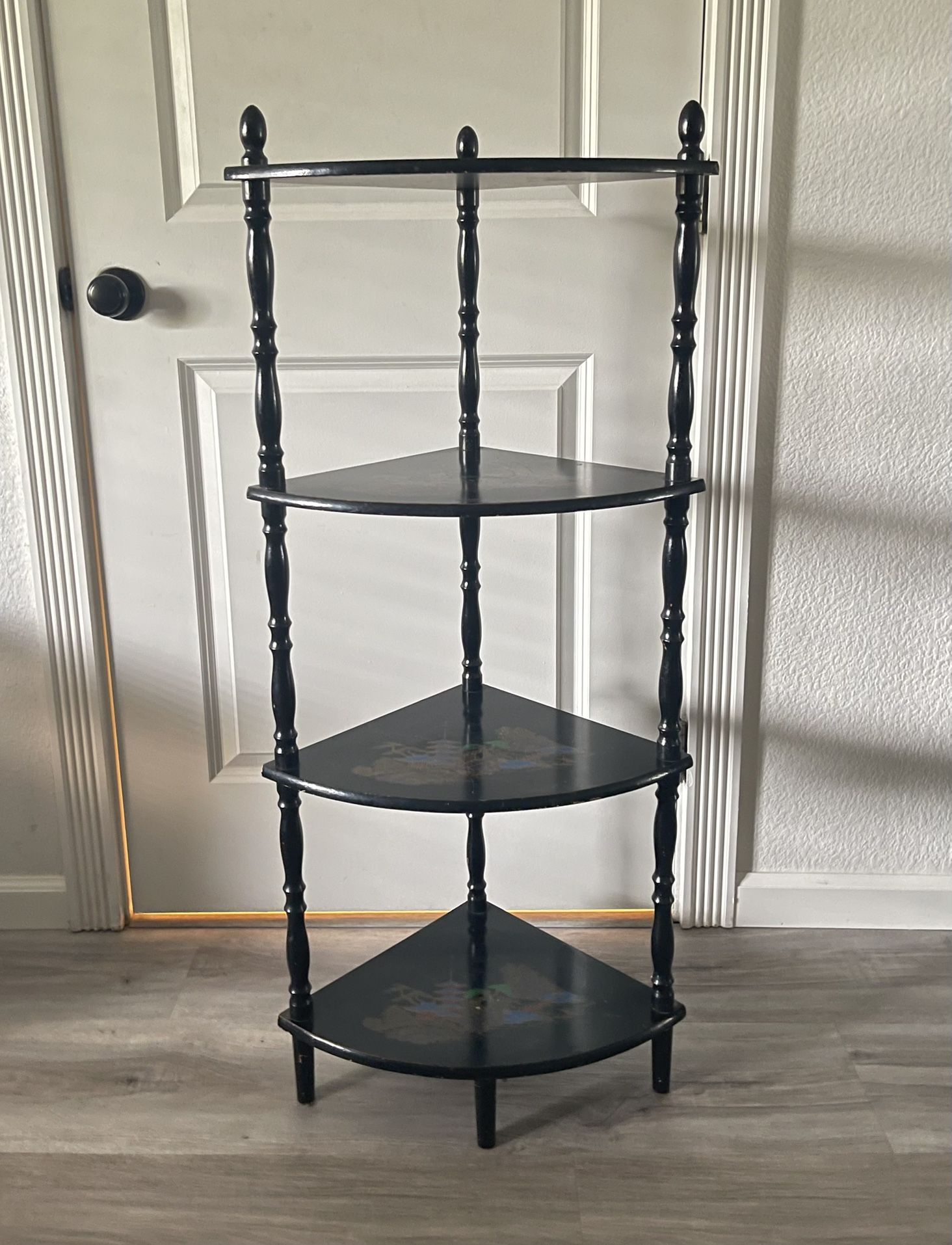 Vintage Japanese Black Lacquer Wood 4 Tier Asian Chinoiserie Corner Shelf 