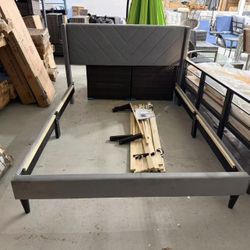 New Queen Bed Frame Upholstered Platform Bed with Wing Side/Wooden Slat Support