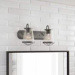 18 in. Georgina 2-Light Steel Industrial Bathroom Vanity Light with Clear Seedy Glass Shades

