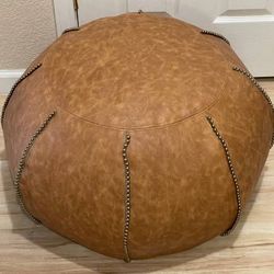 Brand New 28” Luxe Vegan Leather Pouf Gold Beaded Medal Bean Bags Carmel Brown
