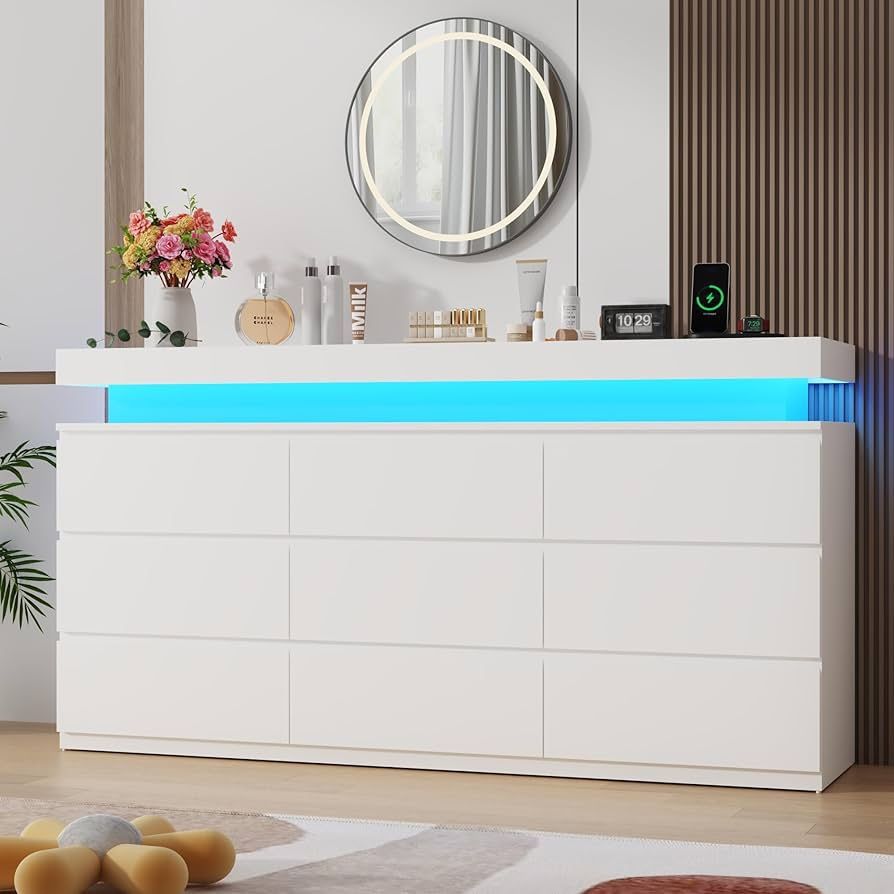 M-9 Drawer Dresser with Power Outlet, 63" Wide Dresser with LED Light, Modern Chest of Drawers for Closet, Double Drawer Organizer Cabinet for Bedroom