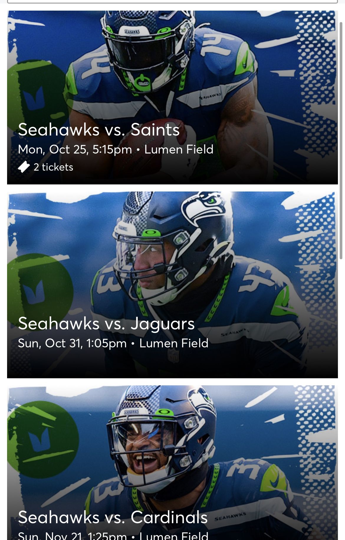 Seattle Seahawks Tickets 40 Yard line 23rows up