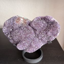 Natural Pink Amethyst Druzy Geode/Agate Slab on Metal Stand”