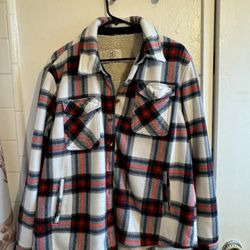 Plaid Jacket, Shirt, Red, Black, And Gray, And White Furry In The Inside