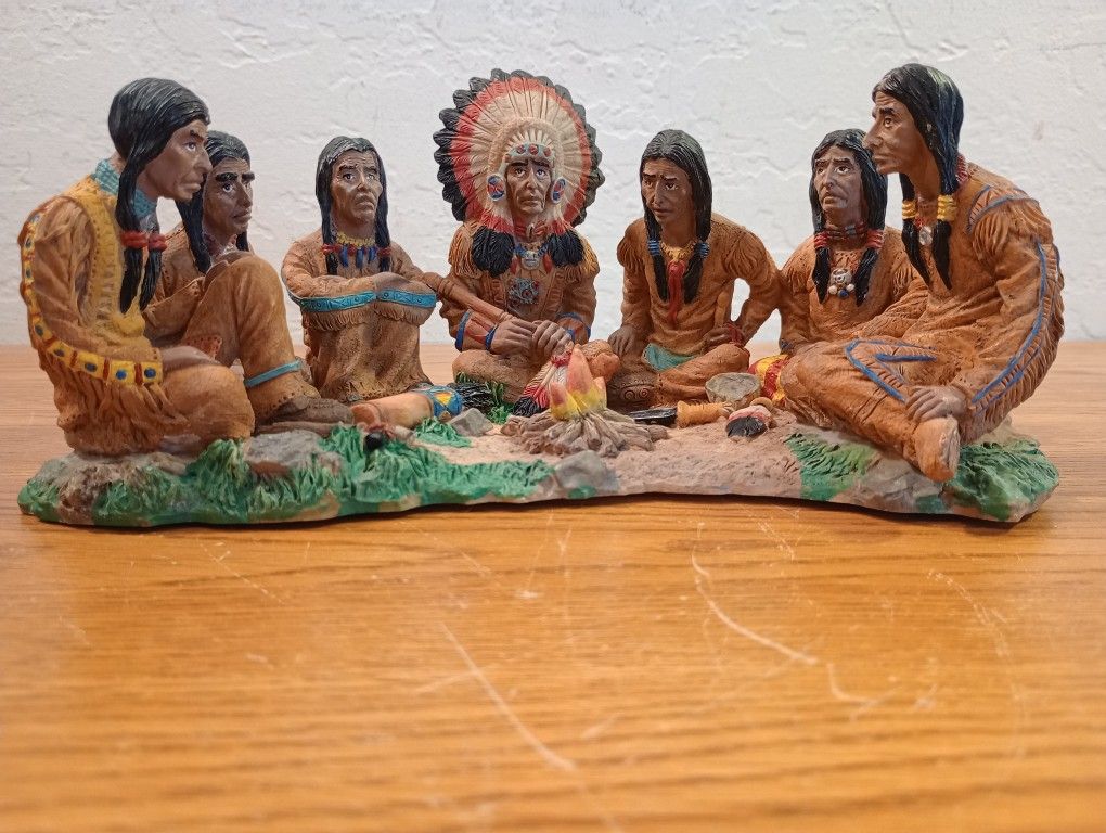 Beautiful Painted Sculpture Of Native Americans Sitting Around Camp Fire 