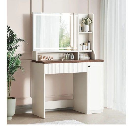 Vanity Desk with Mirror and Light, Makeup Vanity Table Dresser, Bedroom Dressing Table with LED Lighted Mirror Brown White