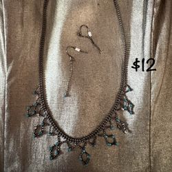 Blue Diamond Rhinestone Necklace & Earrings (Set)