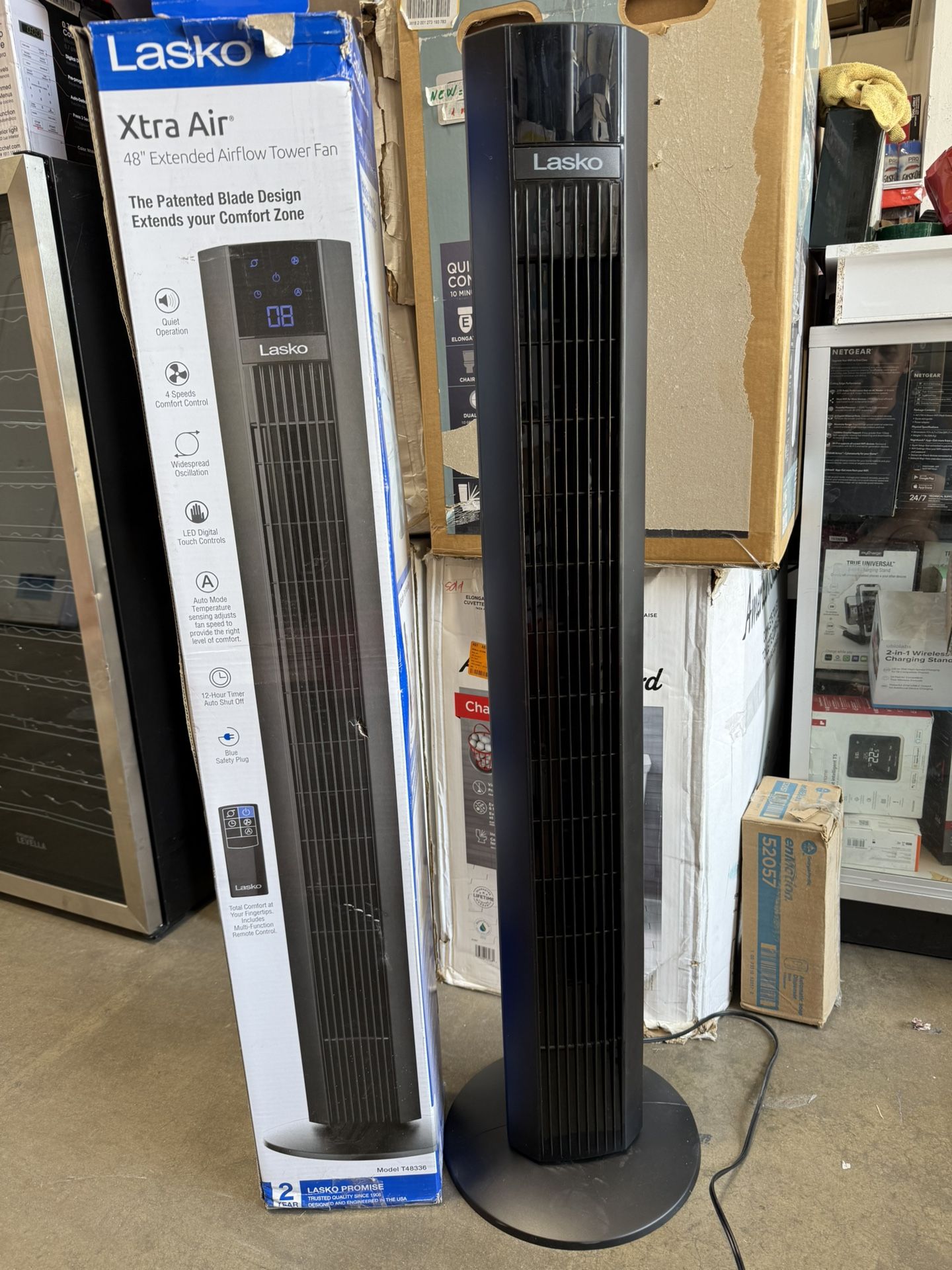 Lasko 48 in. 4 Speeds Xtra Air Tower Fan in Black with Carry Handle, Oscillating, Remote Control, Nighttime Setting, Timer