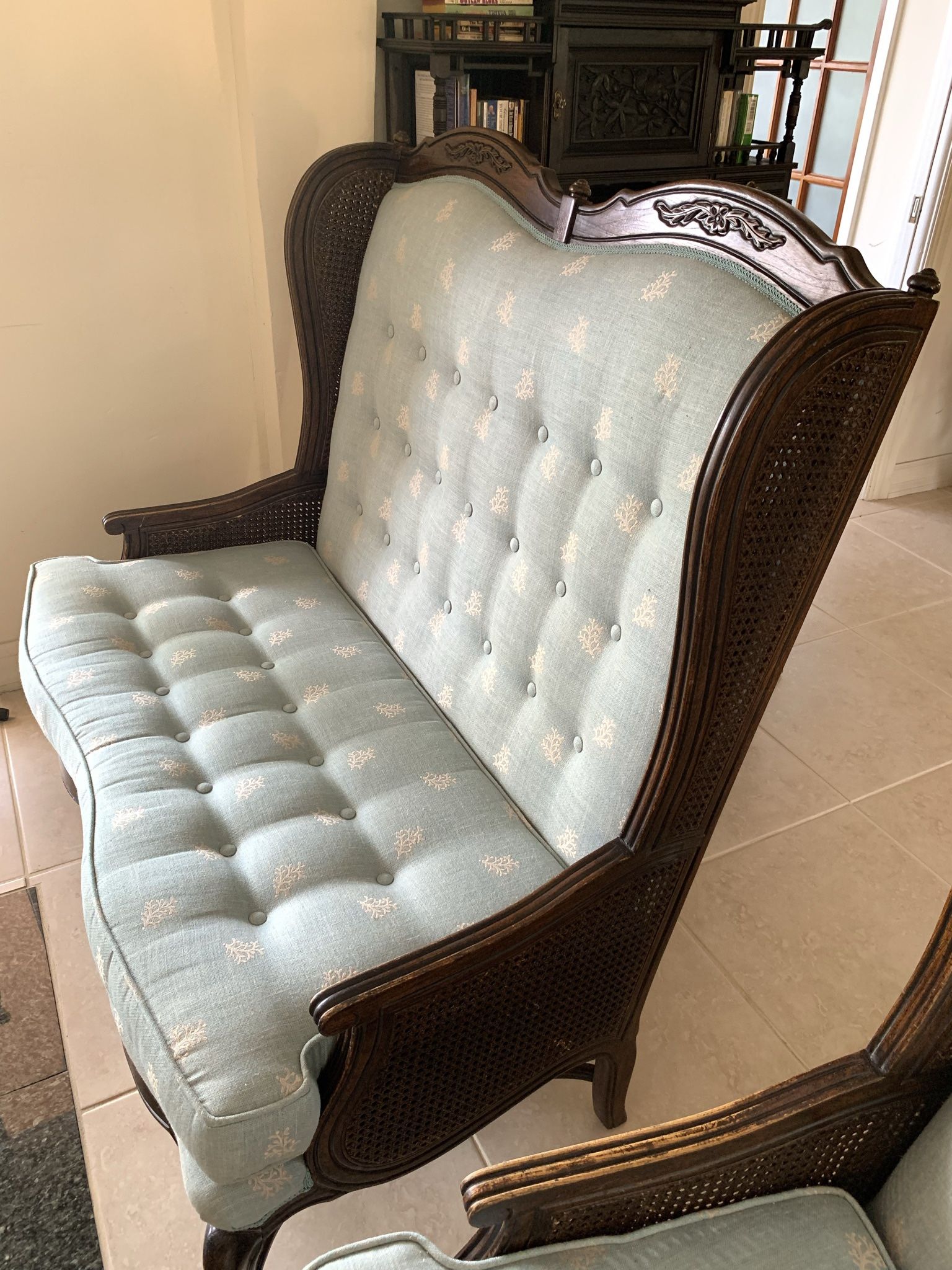 Antique Country French Walnut Wood, Caned, High Back Loveseat & Chair