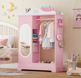 Kids Armoire Dress-Up Storage with LED Mirror, Wardrobe Closet Featuring Side Hanging Rod, Jewelry Cabinet, and Storage Shelves for Little Girls