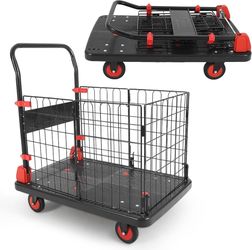 Heavy Duty Hand Moving Cart 1000LBS Capacity Platform Truck Cart with Cage,Folding Carts with Wheels,Foldable Dolly Carts with Basket for Warehouse Lu