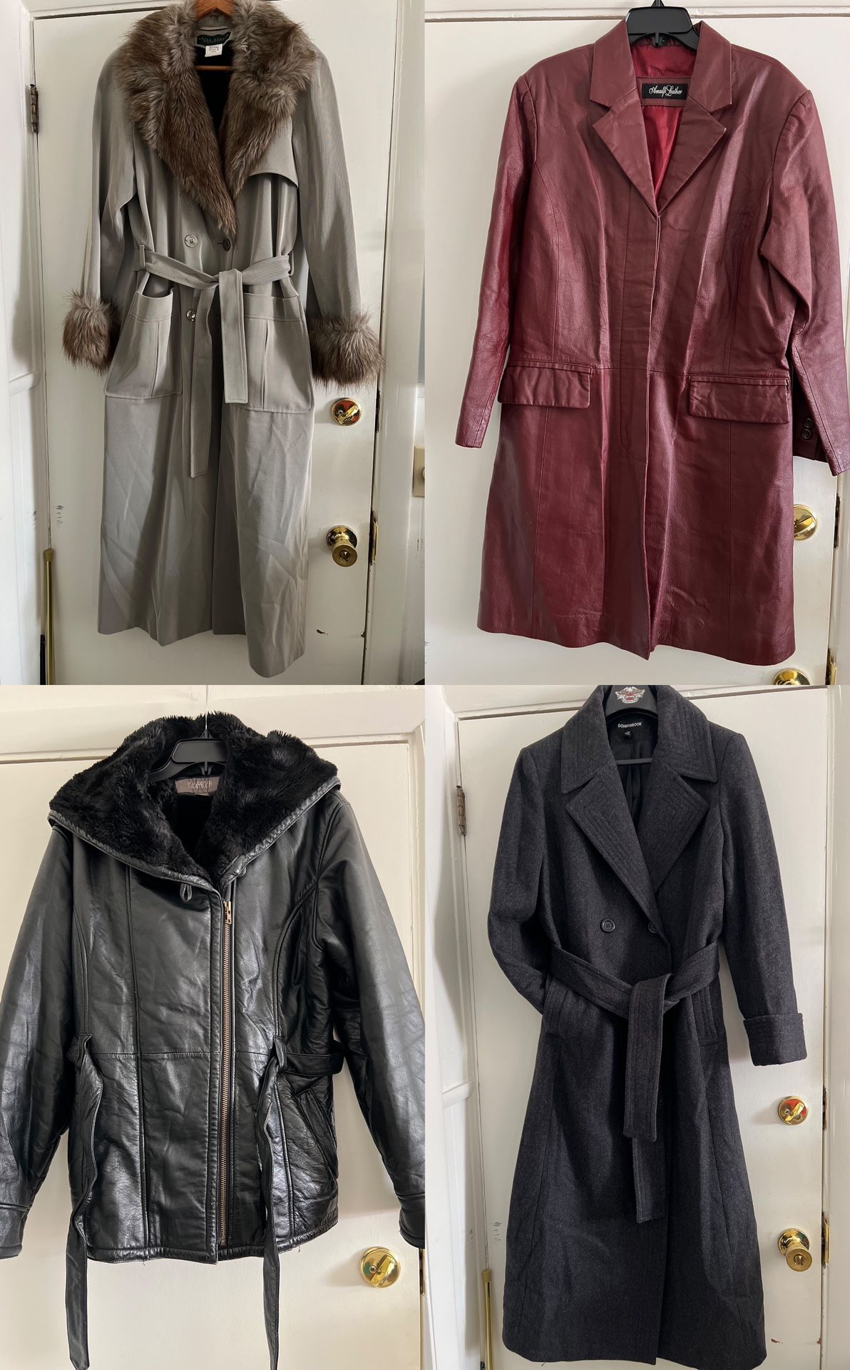 Gray Wool Coat, Black Leather Coat, Burgundy Leather Coat, Harve Benard Trench Coat (See Prices Below)