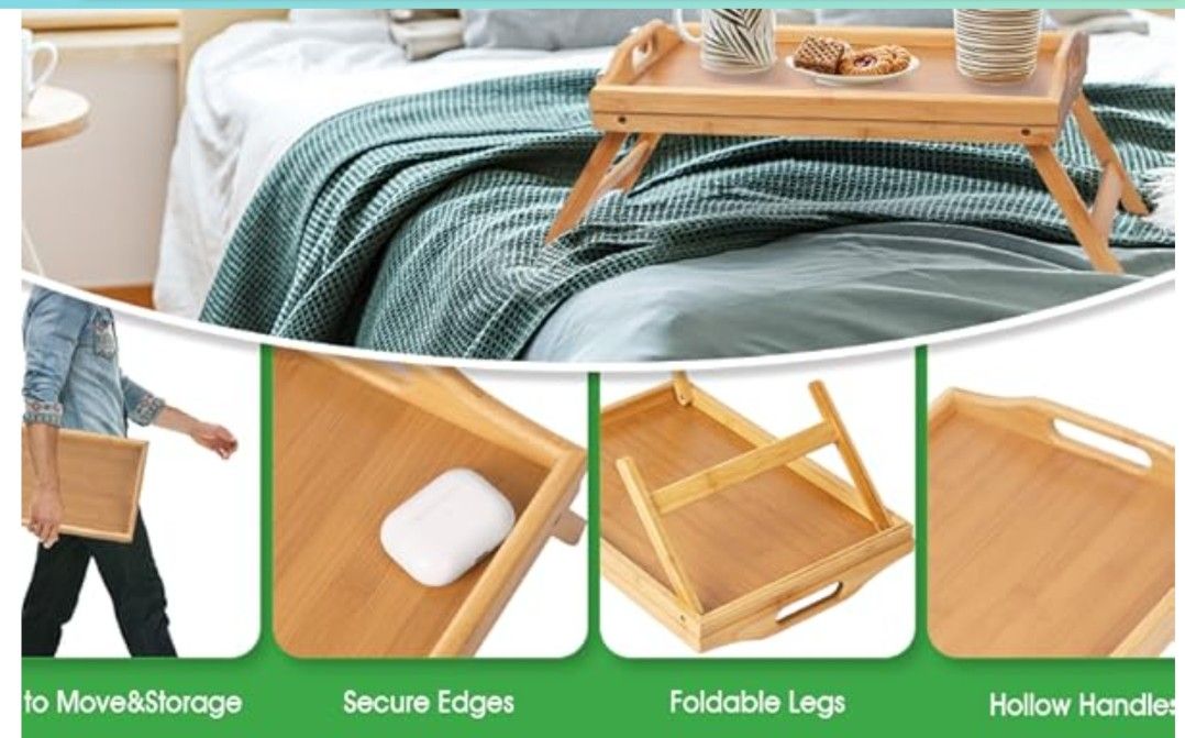 Home-It Large Bed Table Tray with Folding Legs - Breakfast Tray with Handles - Bamboo Bed Tray for Bed, Sofa, Eating and Laptops, Snacking and Working