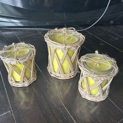 Set of 3 Woven Glass Candles – Green (Unused)
