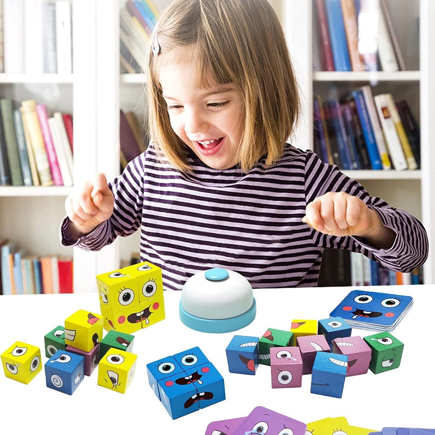Facial Expression Matching Building Block Puzzle Wooden Face-Changing Building Block Puzzle with Bell Logic Thinking Training Puzzle Toys Birthday Gif