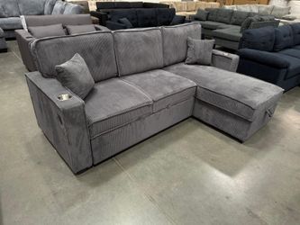 NEW L Shape Sectional Sofa and STORAGE Chaise Set Pullout Sleeper Bed Pull out Convertible Grey Fabric Ashley Style BIG COUCH SALE Discount Clearance