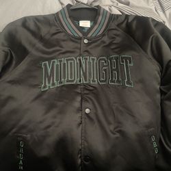 Size Medium Larry June Midnight Organic Satin Bomber Jacket 