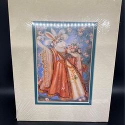 Vintage Don Morris White Rabbit in Medieval Gown Holding Flowers 5”x7” Matted Decoratively Embossed