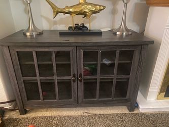 Dark Gray Wood TV Stand with Glass Doors