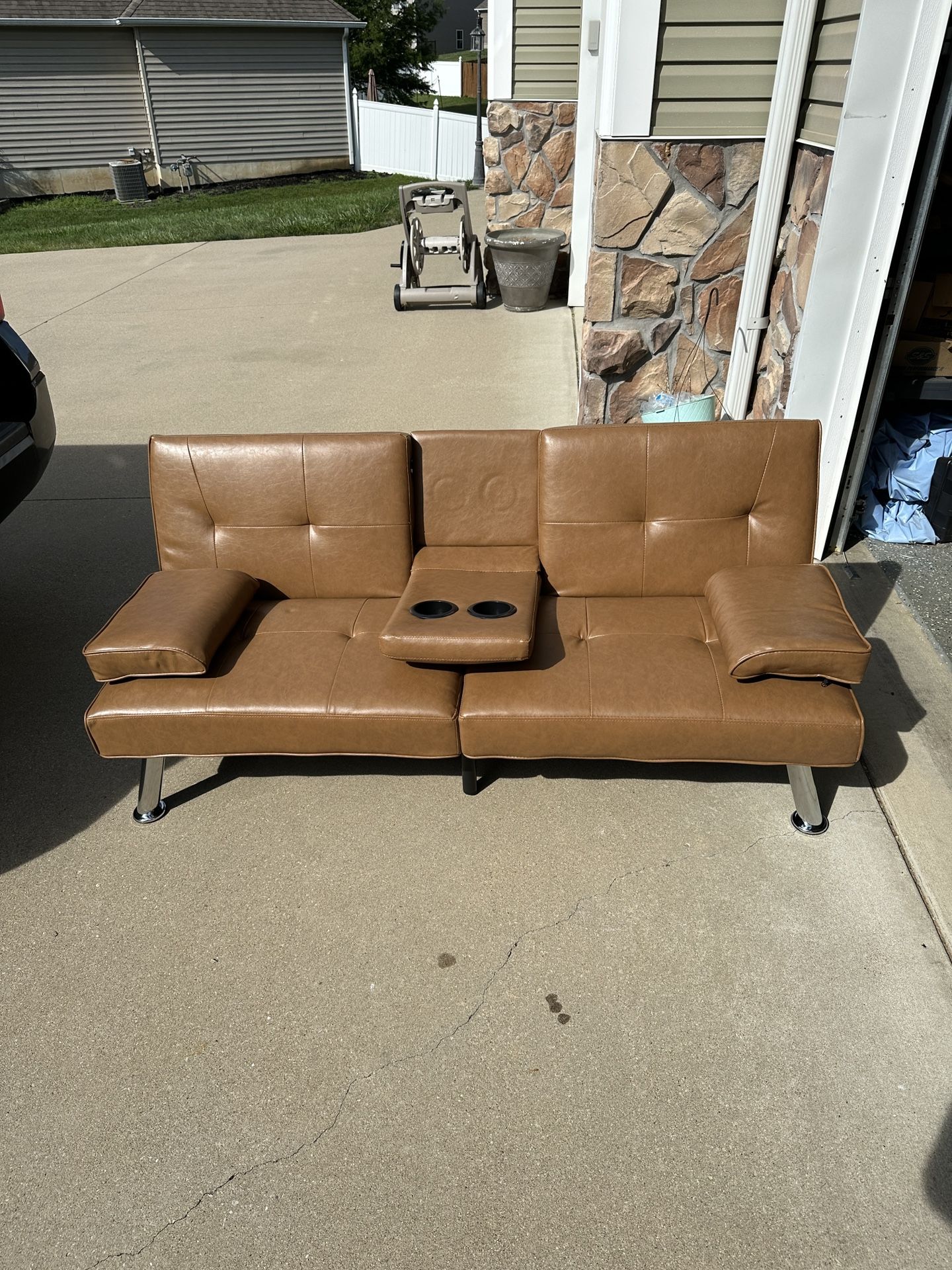 New Tan Faux Leather Futons w/ Cupholders 