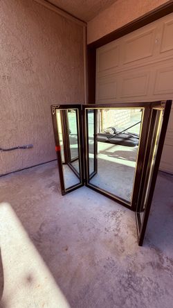 Elegant Tri-Fold Vanity/Dressing Mirror – dark wood / gold detail