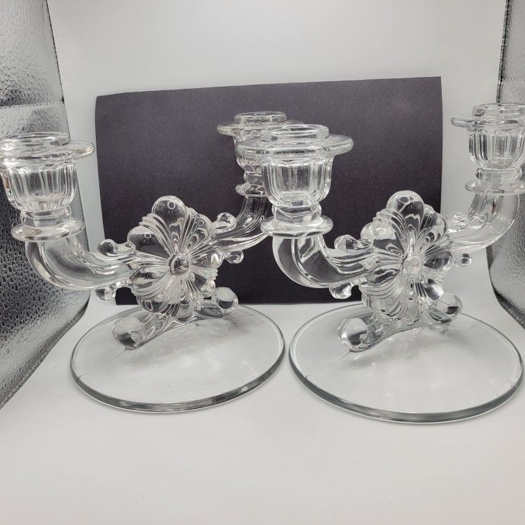Vtg Pair Indiana Glass Floral Bow 2 Light Candelabra Candlestick Holders 8"x6"