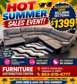 Limited time sale. Alejandra gray reclining sectional only $1399. Easy finance option. Same-day delivery.