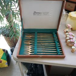 Vintage Brass Fondue Forks In Wood Case