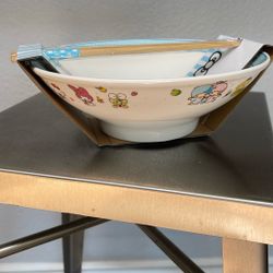 Hello Kitty And Friends Ceramic Bowl With Chopsticks 