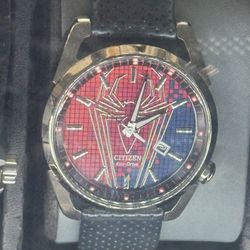 Men's Citizens Spider-Man Blue Leather Strap Watch 42mm With Eco Drive