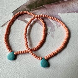 Coral Beads And Turquoise Drop Bracelets