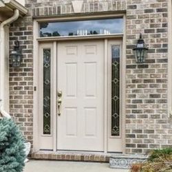 Used Anderson entry door with sidelights and transom 79”x 36”. Frame included. White 