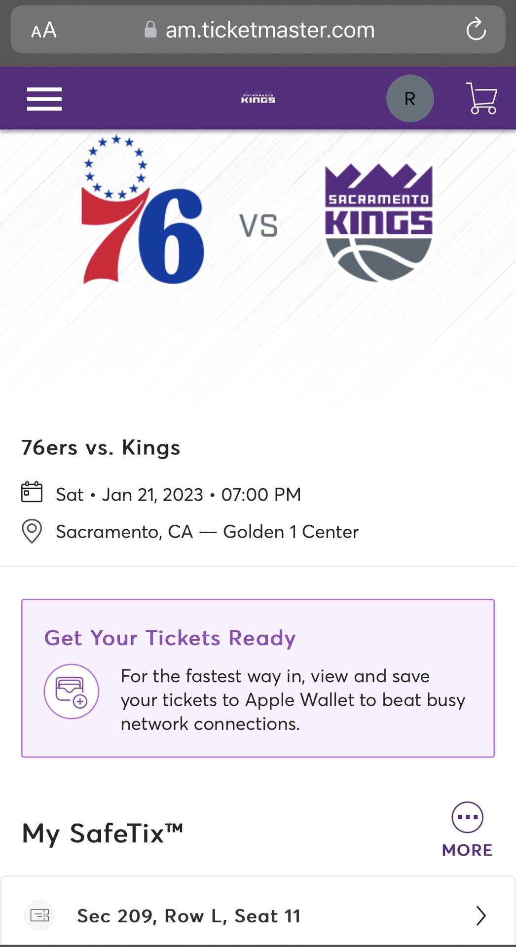 2 Sacramento Kings Tickets Vs The 76ers 1/21