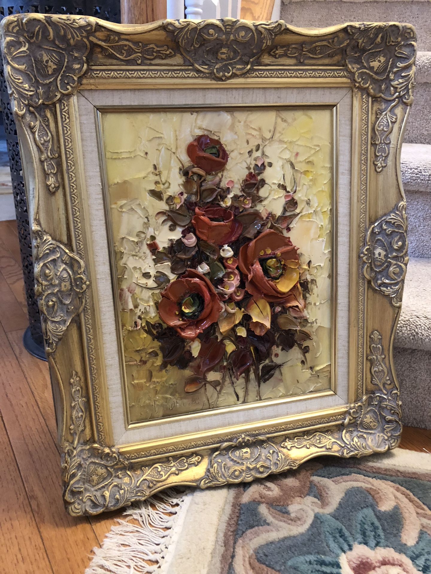 23”X19”‏ Flower scenes featuring 3D signed portrait using paint paste for raised petals and stems.