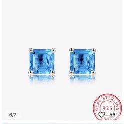 925 Sterling Silver, Natural Aquamarine, Princess, Cut Square Stud Earrings