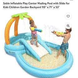 Sable Inflatable Play Center Wading Pool w/Slide for Kids Children Garden Backyard 110"× 71"x5 NEW  