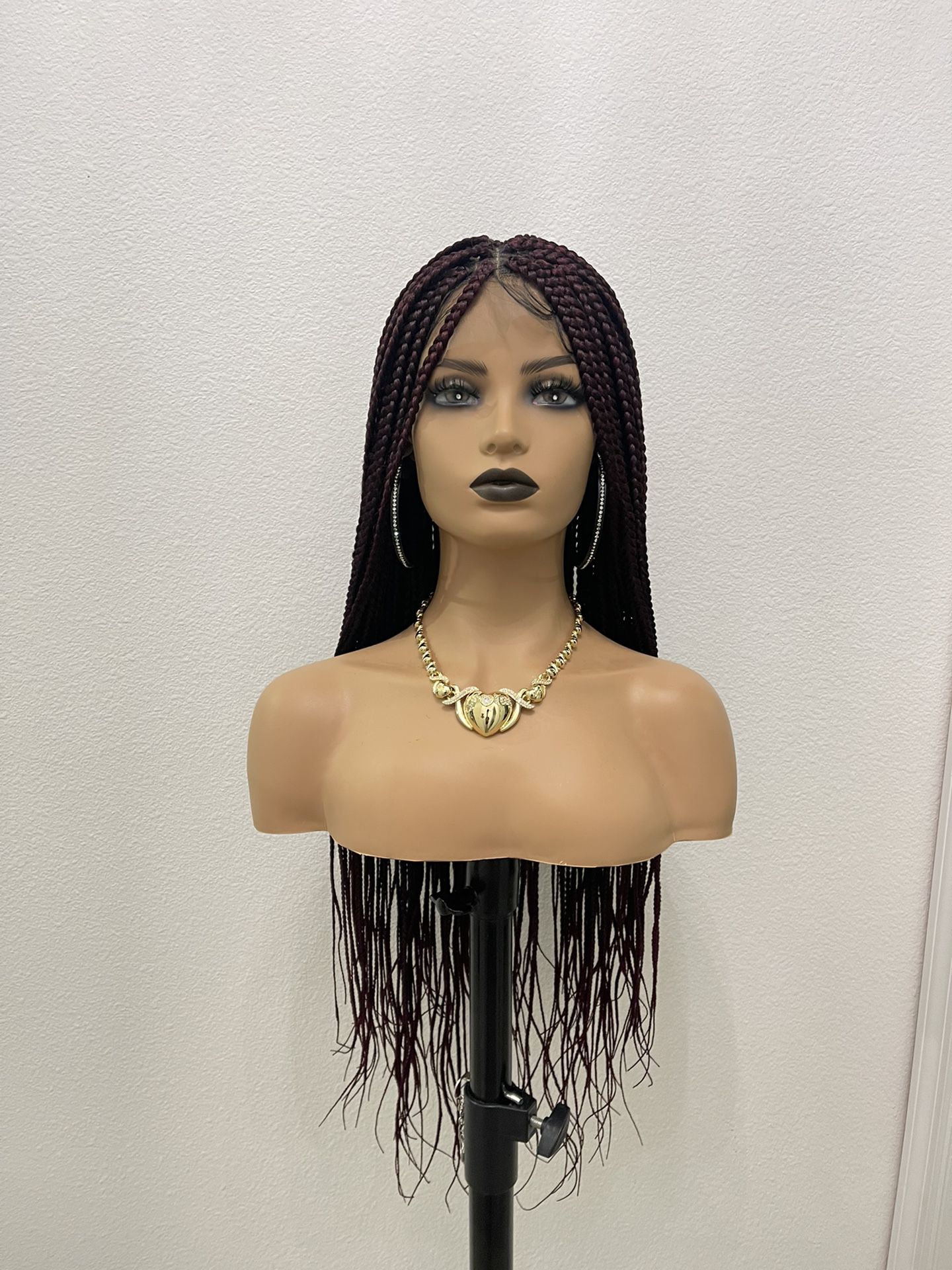 New! 36” Full Lace, Silk Base, 1B/99j Synthetic Braided Wig can be worn Glueless has combs and adjustable strap with extra band for better fit The ent