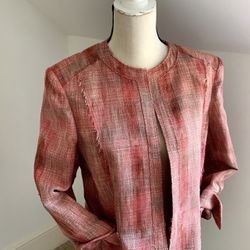 AK Anne Klein blazer jacket cropped linen blend open front  pink/grey plaid 8