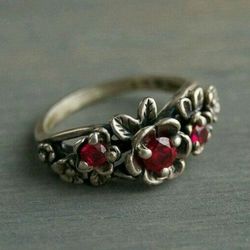 Vintage Old Red Rose Retro Antique Silver Ring - Size 6