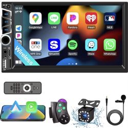 7" Double Din Car Stereo with Wireless ApCarPlay,Car Radio Build-in Bluetooth 5.2,IPS Touchscreen 1024x600,FM Radio,Backup Camera,Dual USB,Type-C 