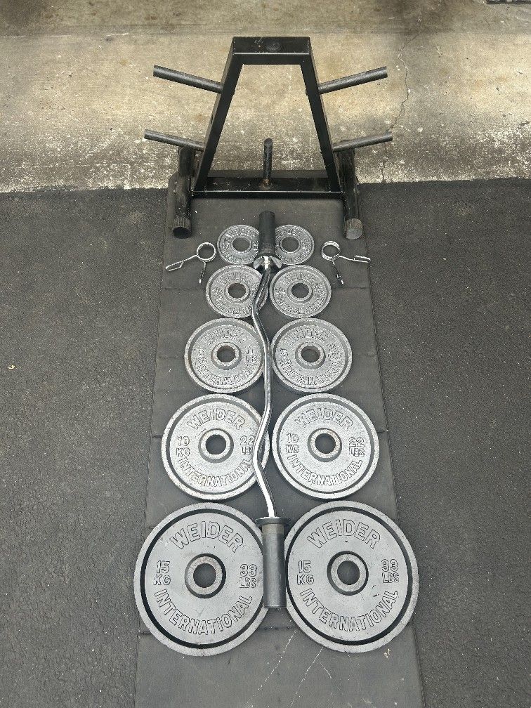 Olympic Curl Bar With Weights And Rack
