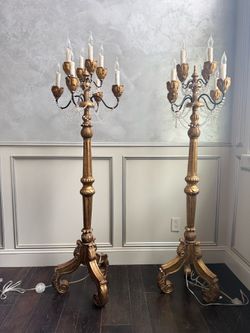 Two Bronze Gold Standing Chandelier Lamps