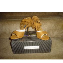 Women's Pleaser Tan Faux Suede Fringed High Heels Shoes - Sz. 7 - New 