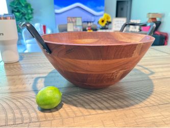 Solid wood decor bowl made in India rod iron handles