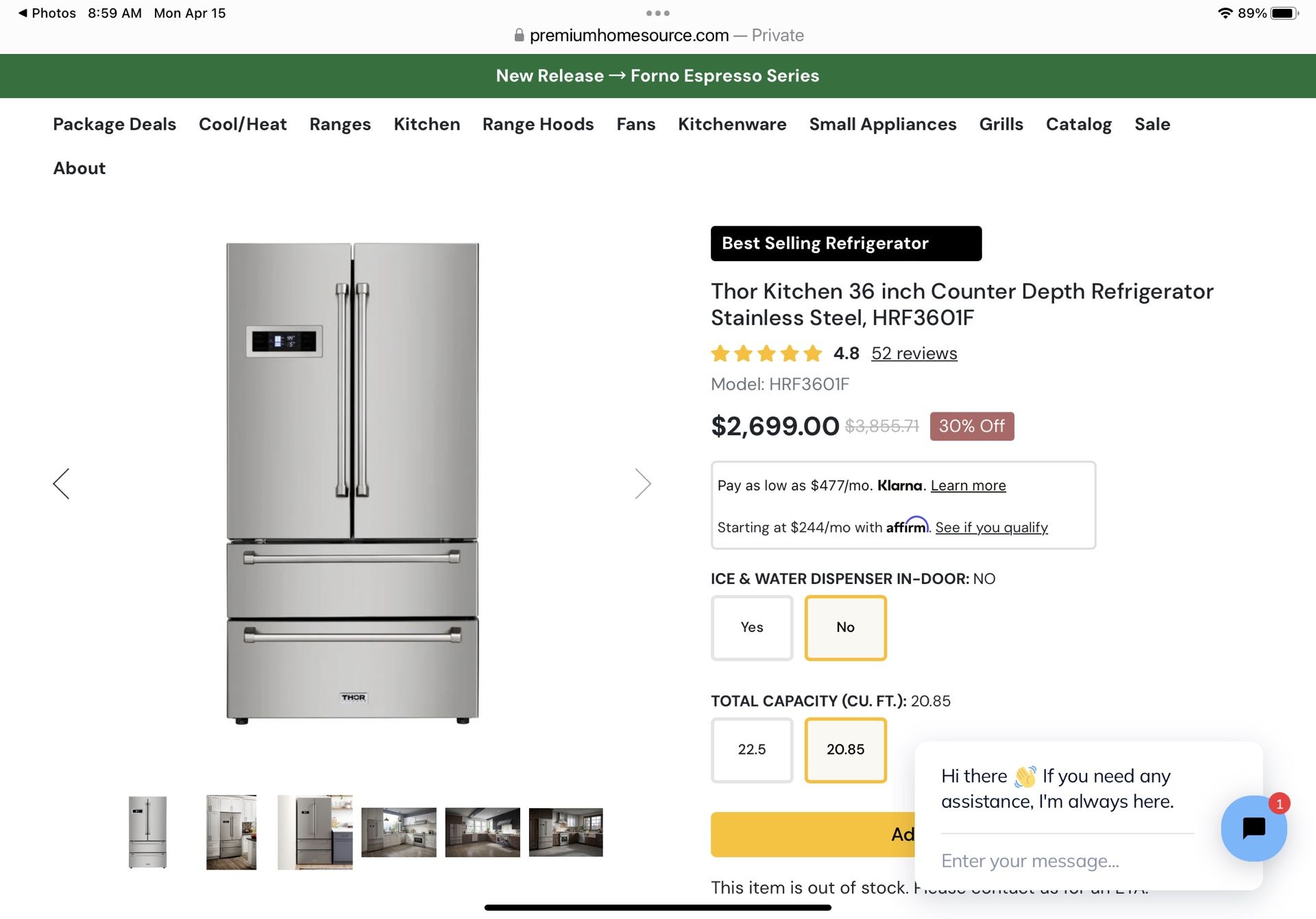 Thor Kitchen 36 Inch Counter Depth Refrigerator Stainless Steel With Ice maker JUST REDUCED 